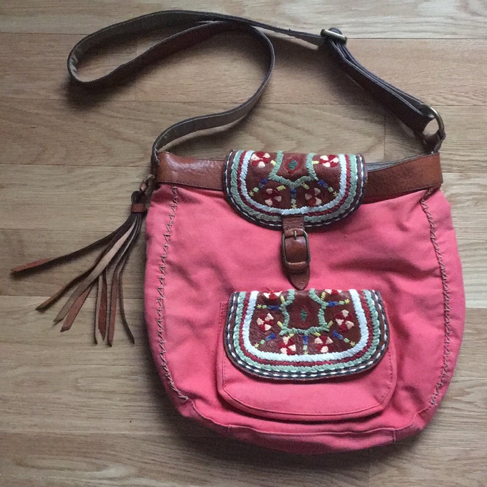 Lucky Brand Embroidered Pink Canvas Messenger Bag